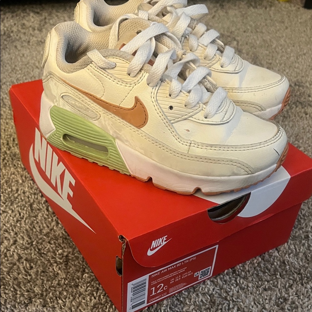 Nike Kids Air Max 90 LTR(PS) Sneakers - Cream, Orange, green. Size 12c girls/boy